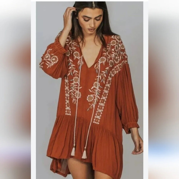 Free People Wild Dreams Embroidered Tunic Top Dress Rust Long Sleeve Peplum S - Picture 1 of 9